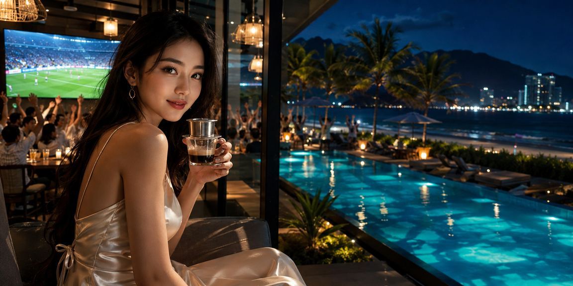 Người dùng Đà Nẵng xem kèo bóng đá trên điện thoại tại quán cà phê buổi sáng