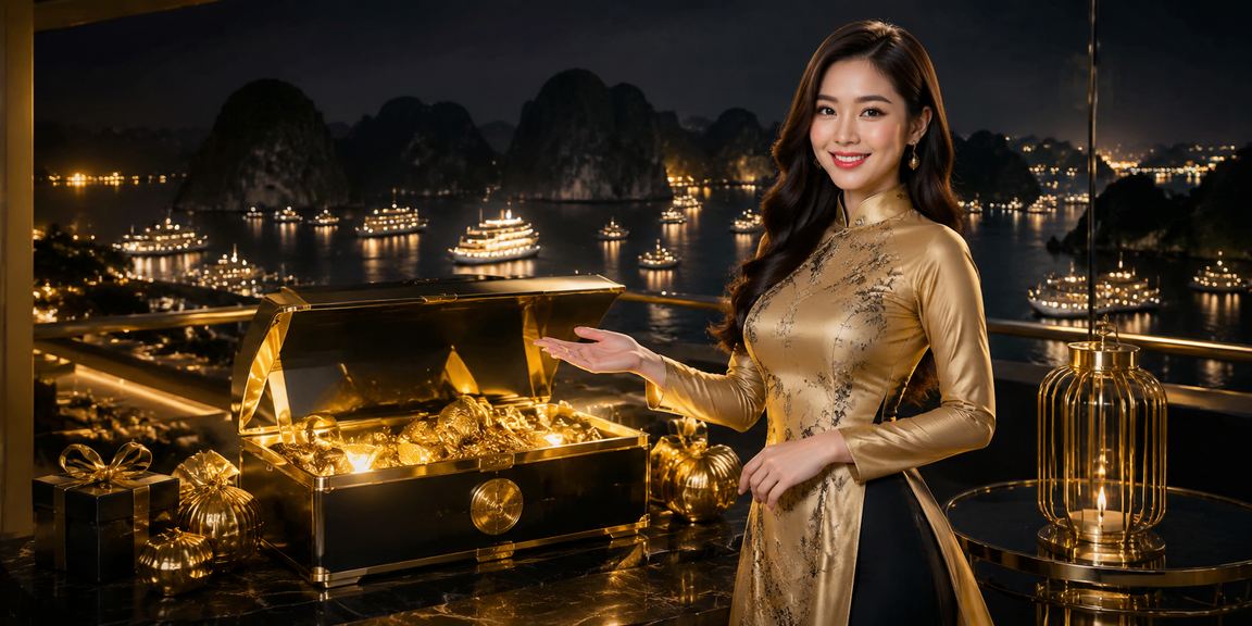 Người dùng cá cược thể thao trên ứng dụng di động với phong cảnh vịnh Hạ Long