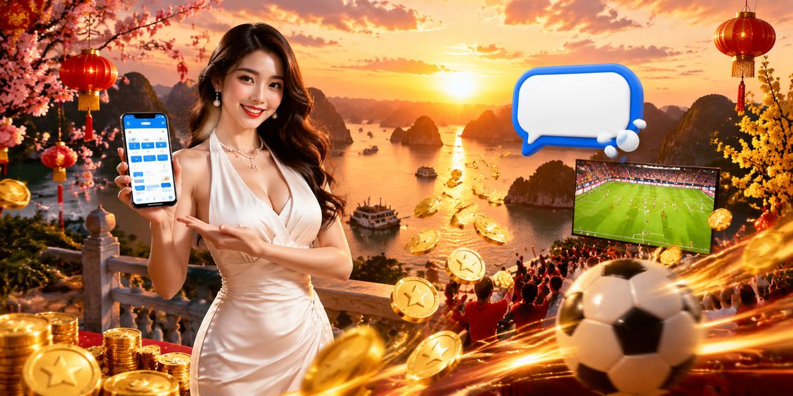 Người dùng chơi casino trên điện thoại di động với phong cảnh vịnh Hạ Long dịp Tết